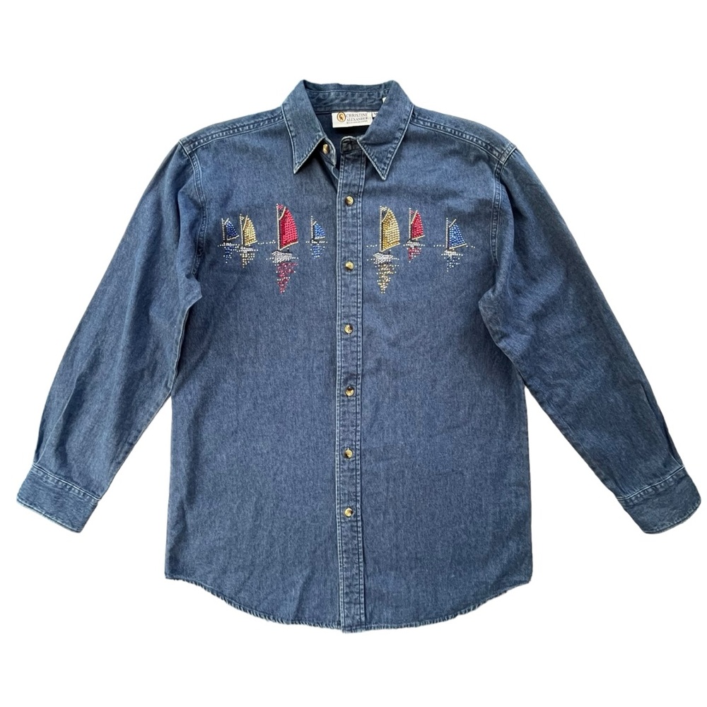 Christine Alexander Womens Sz Medium Denim Rhinestone Sailboats Button Front Top